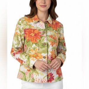 Coldwater Creek Floral Orange Green Cotton Canvas Feel Shacket Button Front M